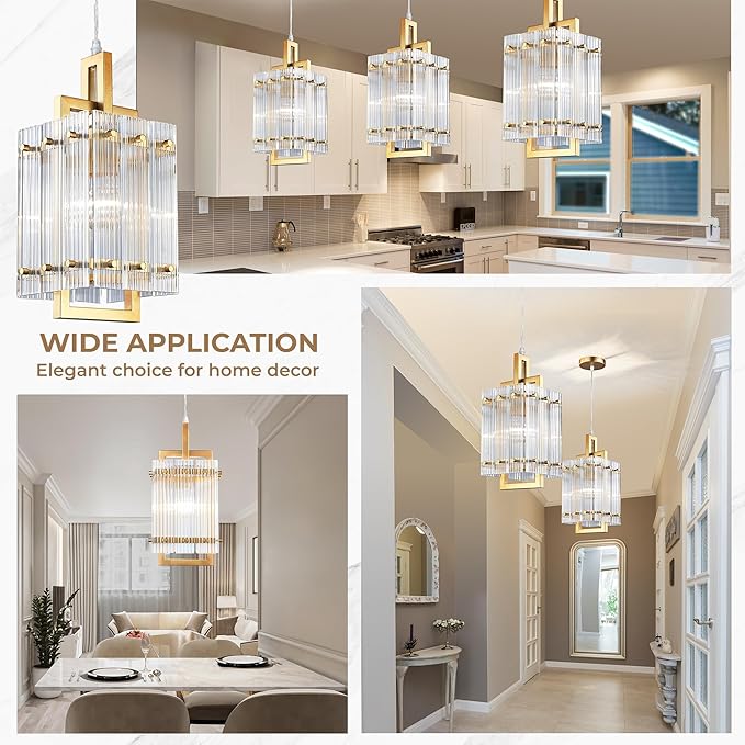 IKK Gold Pendant Light for Kitchen Island, Luxury Ribbed Glass Chandelier Lights Fixture, Modern Elegant Adjustable Pendant Lighting for Dining Room Bedroom, E26 Bulb, L6.5'' x H14''