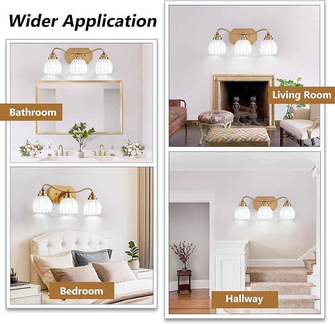 3 Light Gold Vintage Vanity Lights, Antique Brass Finish | Milk White Tulip Crystal Shades,Brushed Gold Bathroom Light Fixtures, Wall Sconce Ideal for Bedroom, Hallway, Easy to Install