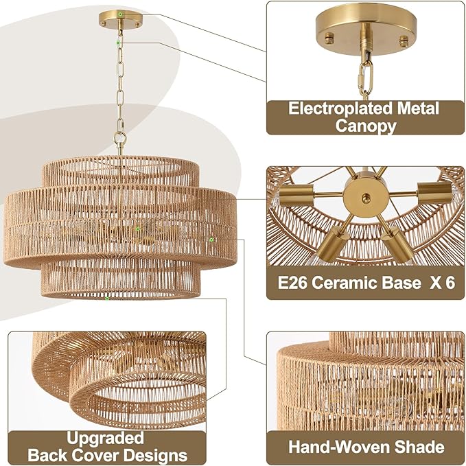23.6"Large Boho Rattan Farmhouse Chandeliers for Dining Room,6-Light Rattan Hand-Woven Rustic Drum Chandelier Pendant Light Fixture for Kitchen Island Bedroom Living Room Entryway Foyer(Brown)