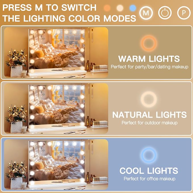 ROLOVE 23"x18" Hollywood Vanity Mirror with Lights, 15 Dimmable LED Bulbs, led Makeup Mirror with 3 Color Modes, Lighted Vanity Mirror for Tabletop or Wall-Mounted