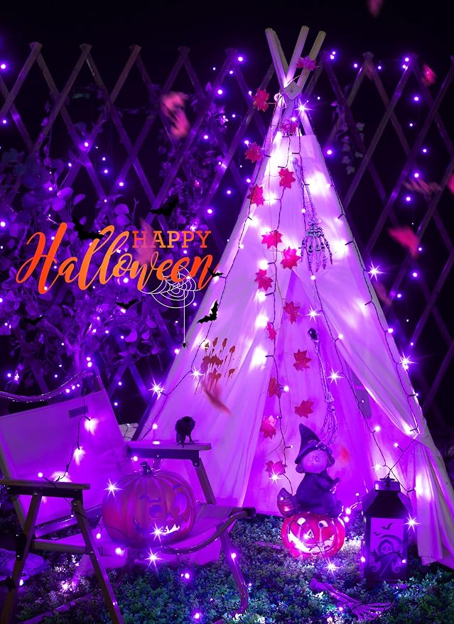 Minetom 2Pack Solar Halloween Lights Outdoor,Total 80FT 200LED String Light | Halloween Decoration Outdoor with 8 Modes, Black Wire, Waterproof Solar String Lights for Outside Tree Yard Party, Purple