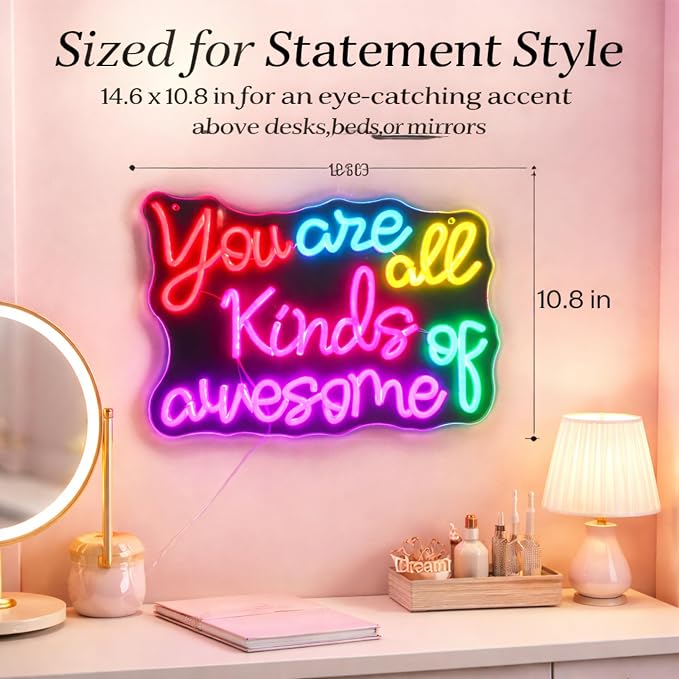 "You Are All Kinds of Awesome" Classroom LED Neon Sign | Classroom neon sign,14.6" x 10.8", Wall Decor, Positive Affirmation Light, Girls' Bedroom & Dorm, Self-Care Aesthetic