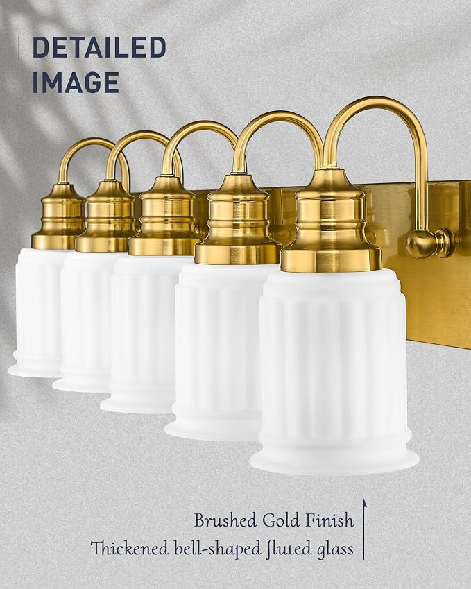 HWH INVESTMENT 5-Light Bathroom Vanity Light, Brushed Gold, 5HZG106B-5W BG | 33-Inch Hardwired Wall Light with Frosted Bell-Shaped Glass; 5 E26 Bulbs, Max 60W Each; Reversible Up or Down Mount