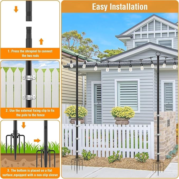 AILBTON 10Ft Exterior Light Poles 10 Pack, Durable Metal String Light Posts for Outdoor Use, Equipped with Fixed Brackets for Yard, Terrace, Backyard and Garden Lighting Decor