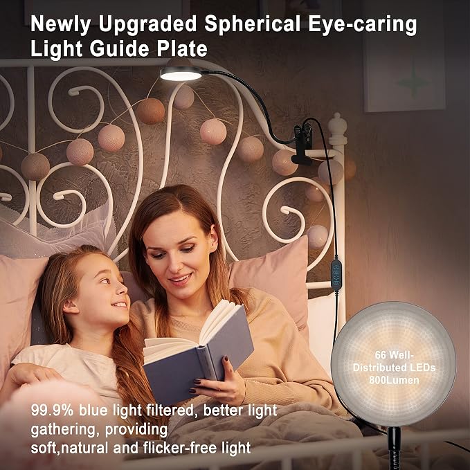 LiFMIRA Clip on Lamp, 8W 66 LED Bed Light for Reading, 5 Color Modes, 10 Brightness Levels, Eye Care, Flexible Gooseneck, Metal Clamp, USB Powered, Modern Design, Black | 5 Color Modes, 10 Brightness Levels, Eye Care Clip on Light, Flexible Gooseneck, ...