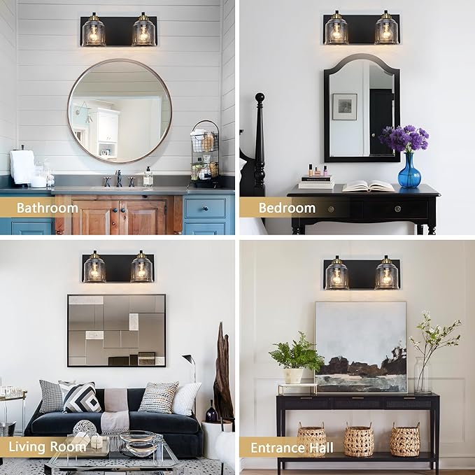 Vanity Lights for Bathroom Large 15.8", Farmhouse Rustic Vanity Light with Bubble Glass Shades, Black and Gold 2 Light Bathroom Lighting Fixtures Over Mirror, Bath Wall Sconce Home Decor