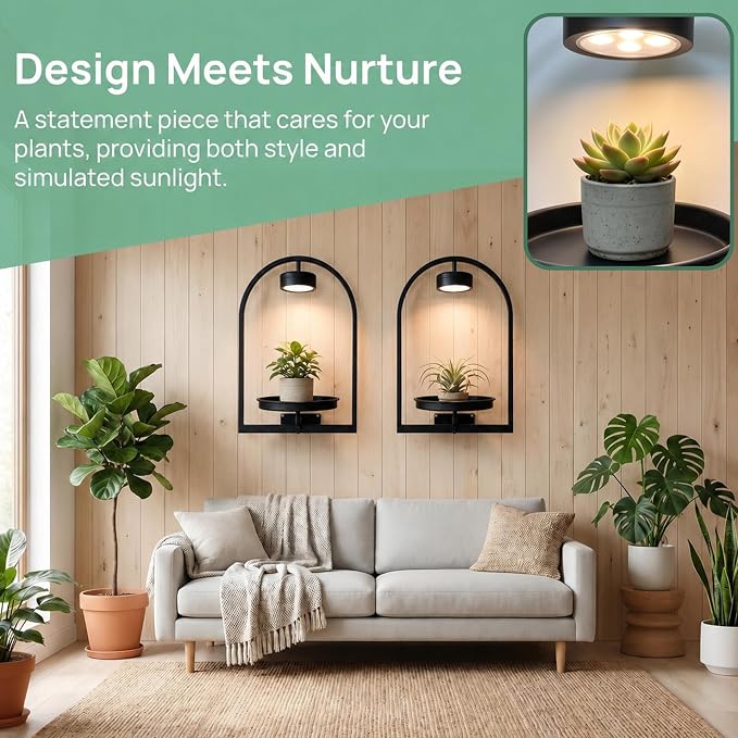 2 Pack Plant Wall Shelf with Grow Light, Wall Mounted Hanging Planter Shelf | Wall Plant Holder with Remote Control LED Plant Light, Floating Indoor Plant Shelf for Bedroom Living Room Apartment Boho