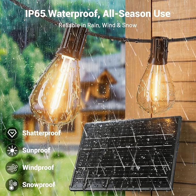 50FT Solar String Lights Outdoor, 18+1LED Shatterproof Bulbs with Remote & USB Port, Waterproof 3 Modes Dimmable Solar Lights for Backyard, Patio, Camping