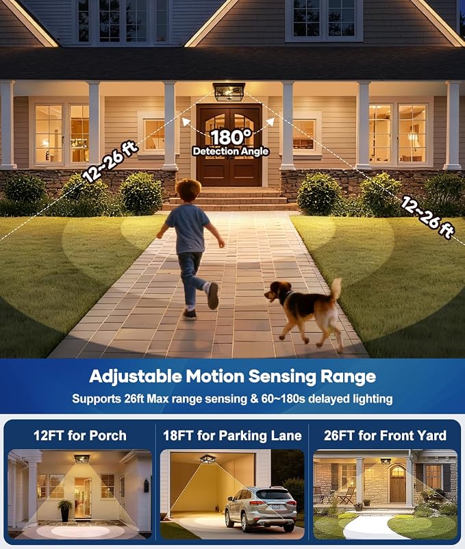 Motion Sensor Outdoor Ceiling Light with Remote, 12.2 Inch Oil Rubbed Bronze Flush Mount Porch Light Fixture with United Glass Cover, 5 Modes Outside Flush Mount Light for Porch, Garage, Patio