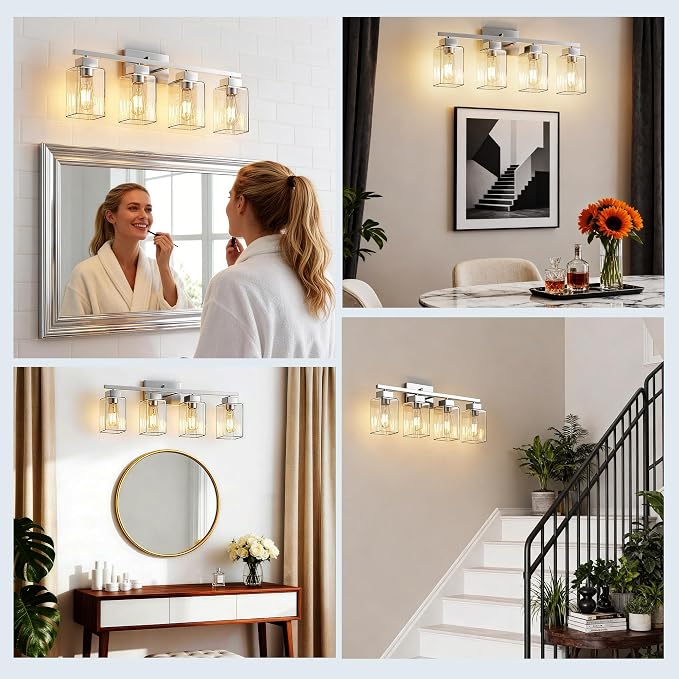 4-Light Bathroom Light Fixtures, Brushed Nickel Modern Vanity Lights, Bathroom Lighting Fixtures Over Mirror, Square Design Farmhouse Wall Sconces with Clear Glass Shades
