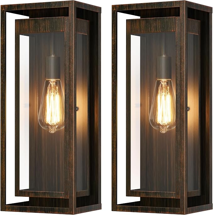19" Large Outdoor Wall Light Fixtures,Distressed Brown Porch Light | Large Size, Anti-Rust, Waterproof, Tempered Glass, Easy Installation,2Pack Modern Exterior Sconces for House Garage