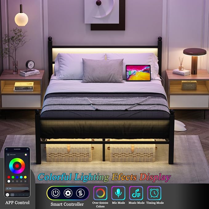 Jenmit Full Size Bed Frame with Charging Station & LED Lights, Metal Platform Bed Frame with Headboard and Footboard, Storage Space Under Bed, No Box Spring Needed, Noise Free, Easy Assembly, Black