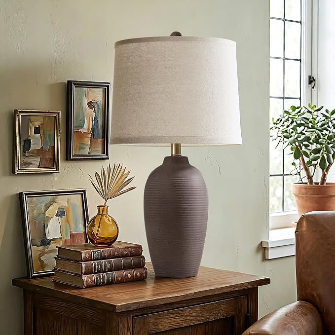 AIEAMPDO 25" Farmhouse Ceramic Table Lamp for Bedroom Living Room | Rustic Bedside Lamp with Linen Shade and Traditional Rotary Switch, Neutral Nightstand Lamp for Office, Bulb Included