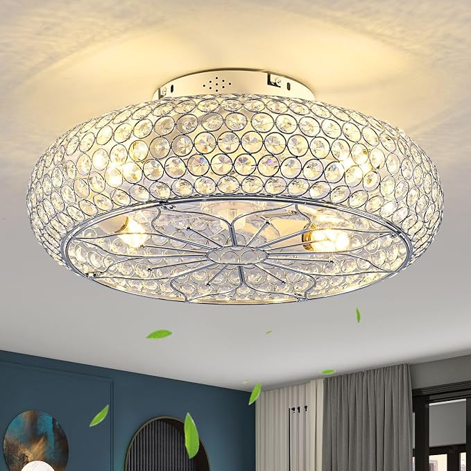 20" Crystal Ceiling Fan with Lights - Enclosed Bladeless Design, Reversible DC Motor & Remote, 6-Speed Quiet, Flush Mount Low Profile Electroplated Mirror Finish, for Bedroom/Living Room