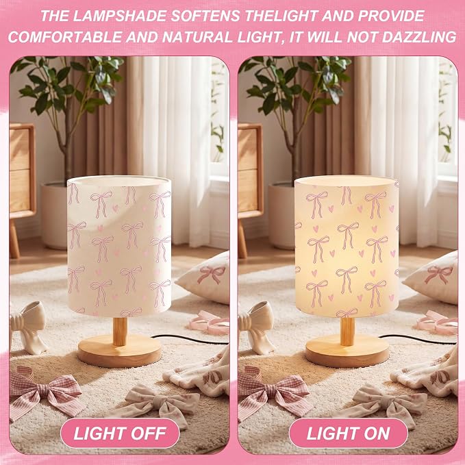 Pink Bow Kids Table Lamp for Bedroom Kids Bedside Lamp with Linen Wooden Nightstand Cartoon Nursery Lampshade for Girls Boys Living Room