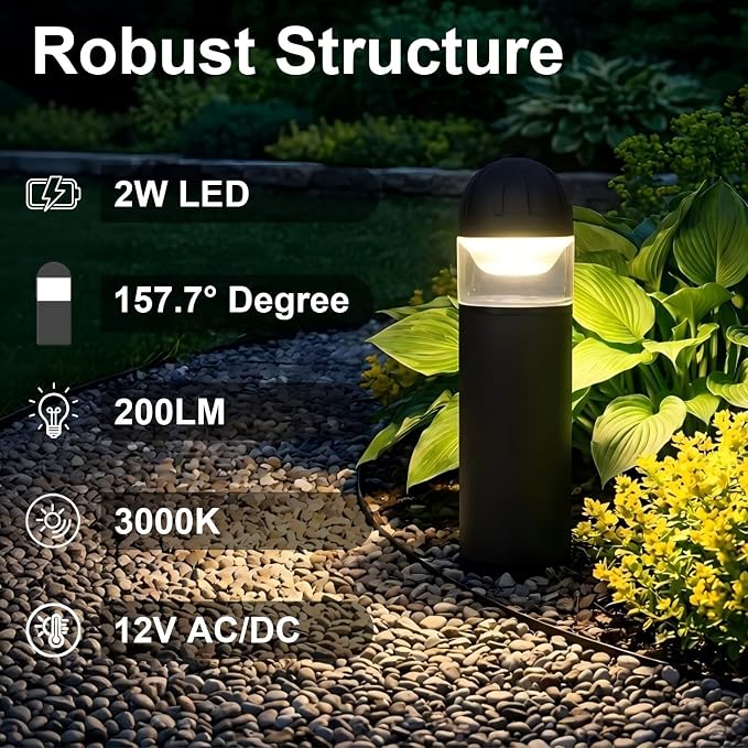 Low Voltage Landscape Lighting, 2W 200LM 12V LED Bollard Lights Outdoor Waterproof with Connectors, Aluminum Housing Driveway Pathway Walkway lights 3000K Warm White, ETL UL CSA Listed, 4 Pack