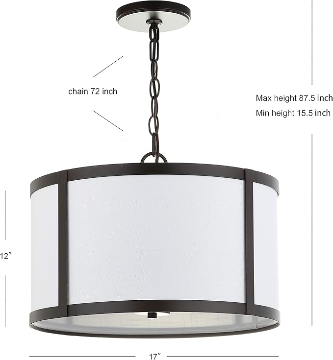 JONATHAN Y 17" Oil Rubbed Bronze Metal LED Pendant Light for Kitchen Island, White Linen Drum Shade, Transitional Ceiling Hanging Fixture for Dining Room, 4 Bulbs Included JYL3510A