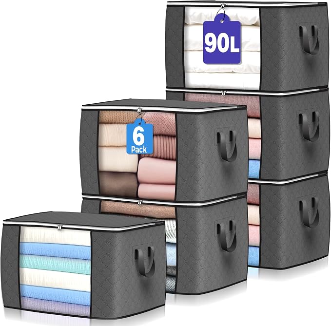 90L Large Storage Bags, 6 Pack Clothes Storage Bins Closet Organizers | Foldable Storage Containers, with Reinforced Handle, for Clothing, Blanket, Comforters, Bed Sheets, Pillows and Toys,Gray