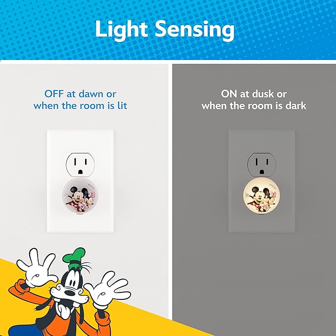 Disney Mickey and Minnie Night Light, Plugs into Wall, Dusk to Dawn Light Sensor, Mickey Mouse, Kids Night Light, Great for Bedroom, Nursery, Playroom, Bathroom, 2 Pack,76699