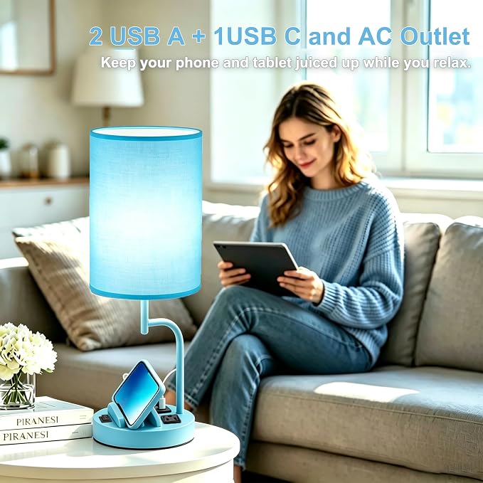 Dreamholder 2 Pack Table Lamp, Bedside Lamp with 3 USB Charging Ports & AC Outlet, USB Desk Lamp with 2 Phone Holders, Linen Fabric Shade Nightstand Lamps for Bedroom Living Room Office, Lake Blue