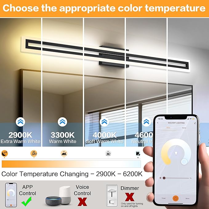 SOLFART Dimmable LED Black Vanity Lights Bathroom Light Fixtures LED Vanity Lights for Bathroom Lighting Bar 48 Inch APP Control Adjustable Light Color Adjustable Modern Lighting-TY
