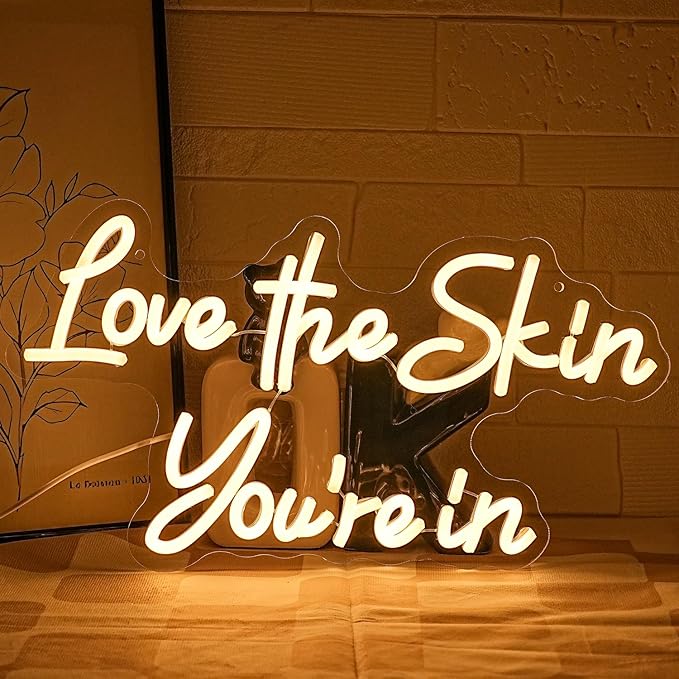 ''Love the Skin You're in'' Neon Sign Facial Spa Neon Light for Wall Decor Warm White Letters Neon Lights Beauty Salon Sign for Business Skin Care Salon Beauty Shop Decorations