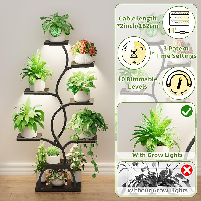 Plant Stand Indoor with Grow Light - 8 Tiered Corner Plant Shelf Indoor | 49" Plant Holder with Lights for Indoor Growing, Tall Lighted Flower Stand for Living Room, Balcony, Black