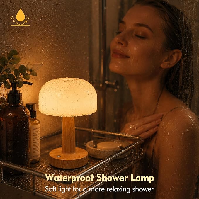 Spa-Like Shower Lamp, IP65 Waterproof Cordless Table Lamp, Wood Grain | Rechargeable Shower Light for Inside Shower with Touch Control Dimmable, 3CCT Mood Light for Bathtub, Patio, Outdoor