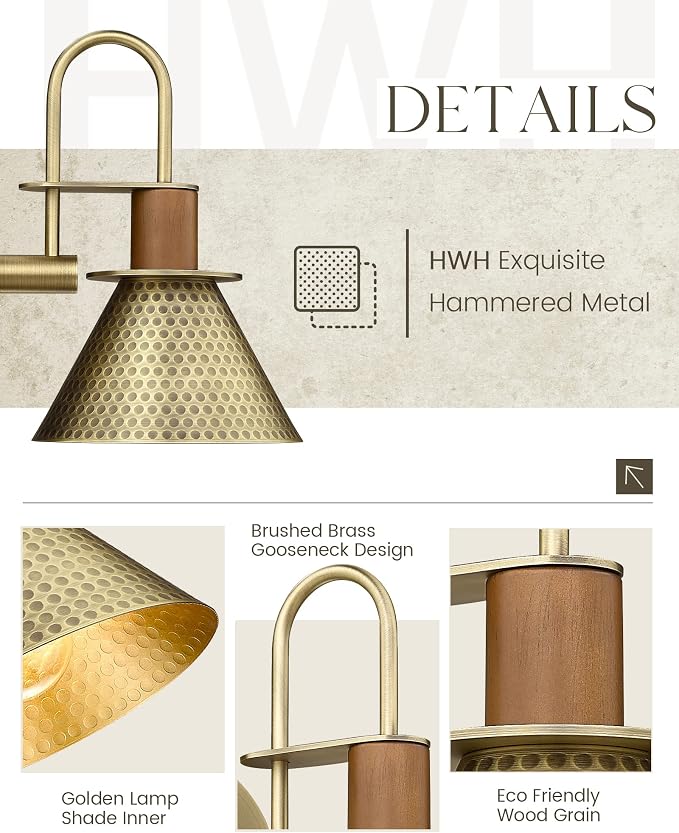 Industrial Wall Sconces Set of Two, HWH Indoor Wall Light Fixtures Barn Light, Single Wall Vanity Lamp for Bedroom Bedside Kitchen, Hammered Metal Shade, Antique Brass Finish, 5HZG74B-2L BG