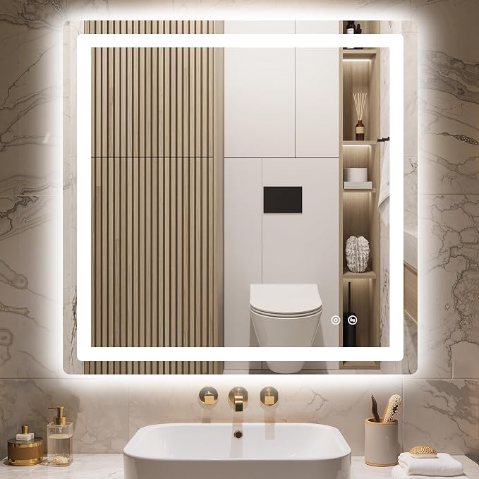 30x30 LED Bathroom Vanity Mirror with Lights, Anti-Fog, Dimmable | Front & Backlit with 3 Color Modes and Memory, 5mm Shatterproof Glass, Plug-in or Hardwired, Horizontal or Vertical