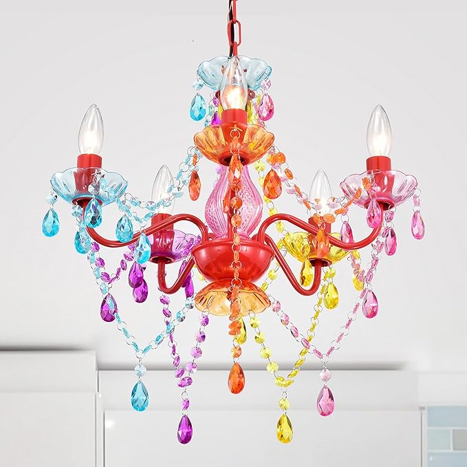 Colorful Small Crystal Chandelier for Girls Bedroom, 5-Light Acrylic Chandelier Lighting Fixture, Kids Room Nursery Ceiling Light for Closet, Playroom, Bathroom, Entryway