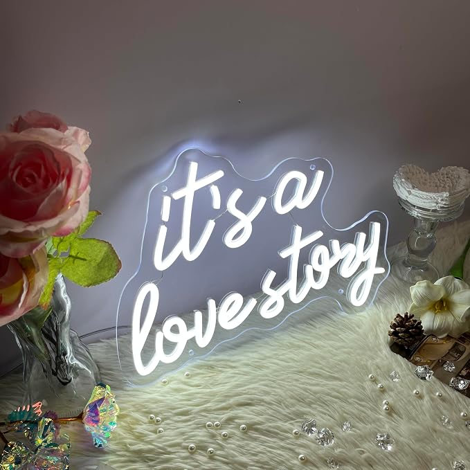 Its a Love Story Neon Sign, Cold White USB Led Light Up Signs for Bedroom Aesthetic Birthday Wedding Party Gift Boyfriend Girlfriend Lover Women Men Room Bathroom Decoration Gift, 15.7 x 11.8 Inch