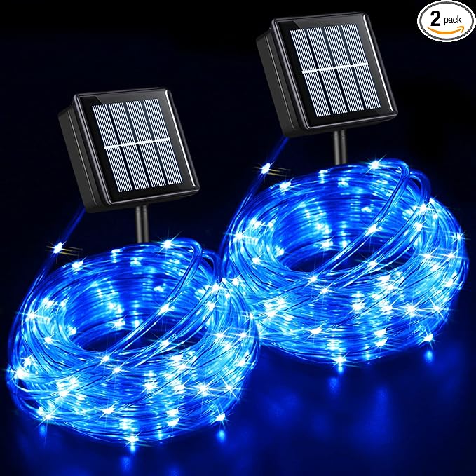 QITONG Blue Solar Rope Lights Outdoor, 2 Pack Each 33ft 100 LED String Light, Fairy Lights in Clear Thin Tube with 8 Modes
