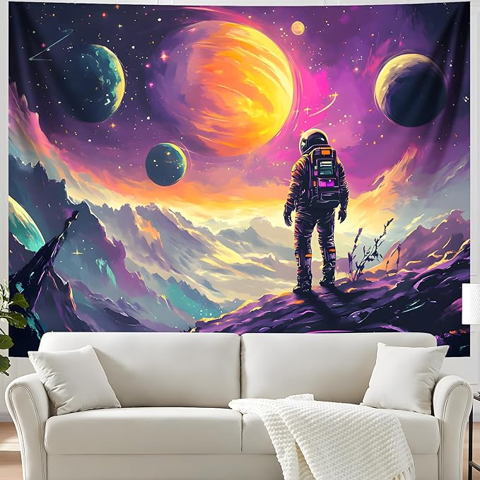 BVBOX Blacklight Space Astronaut Tapestry UV Reactive Galaxy Planet Glow in Dark Tapestries Black Light Poster Neon Wall Hanging Art for bedroom Living Room (Astronaut & Star-1M)