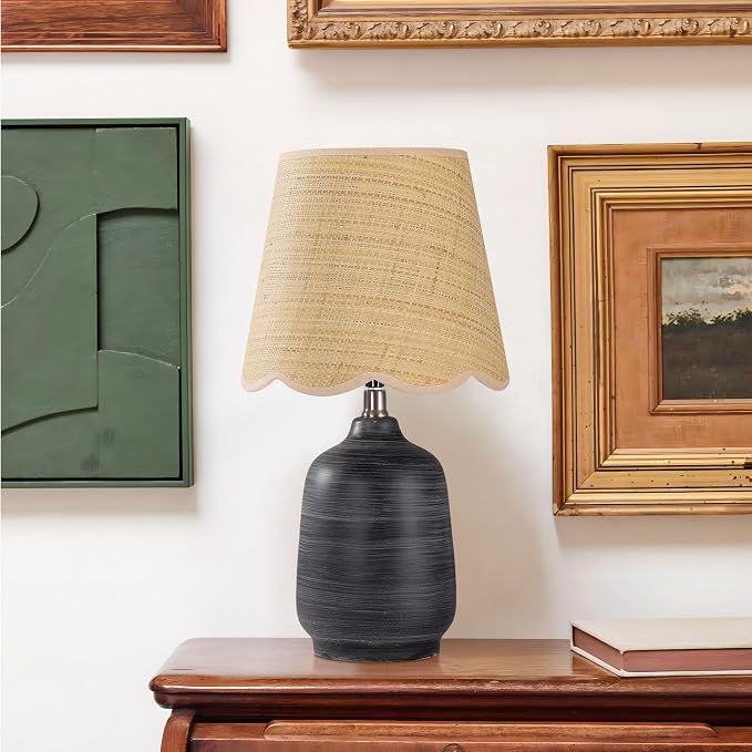 19" Modern Ceramic Table Lamp for Living Room Cream Base Desk Lamps for Bedroom Farmhouse Bedside Nightstand Lamp End Table Lamps,White Striped Black Base,Rattan Shade