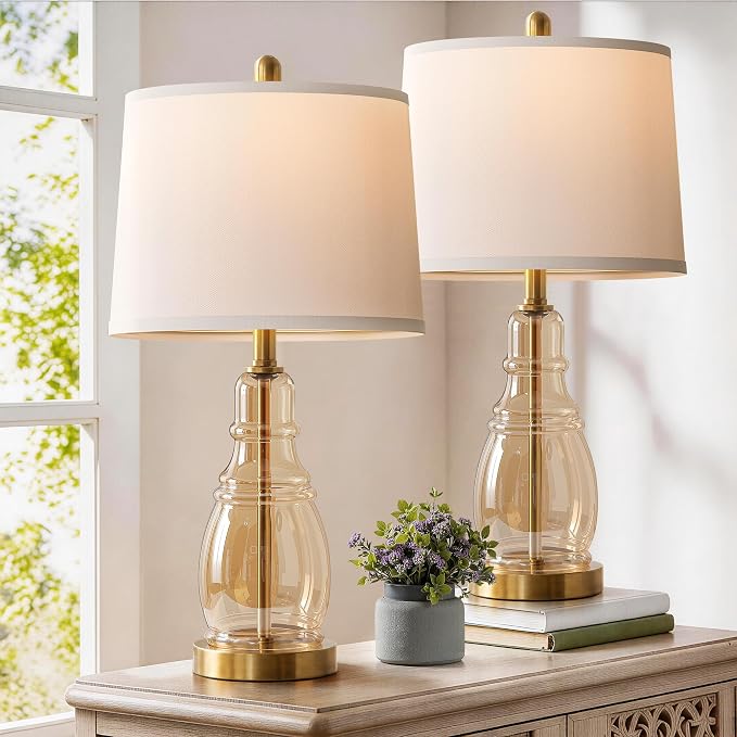 ROTTOGOON Glass Table Lamp Set of 2, Modern Table Lamps for Living Room Bedroom, Bedside Desk Lamps Vintage Nightstand Lamps with Linen Shades, 22", Champagne