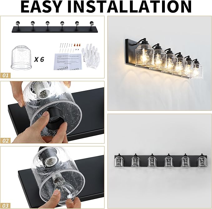 Vanity Lights for Bathroom Large 48 inch, Farmhouse Rustic Vanity Light with Bubble Glass Shades, Black 6 Light Bathroom Lighting Fixtures Over Mirror, Bath Wall Sconce Home Decor