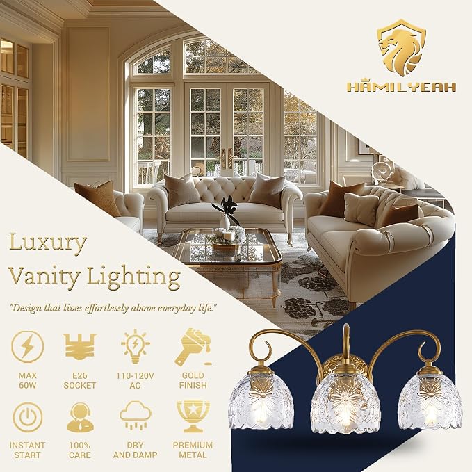 Hamilyeah Gold 3-Light Vanity Bathroom Light Fixtures Over Mirror, Vintage Vanity Lights Wall Sconce Light Fixture for Bathroom Vanity, Bedroom, Hallway, Farmhouse Bathroom Lighting
