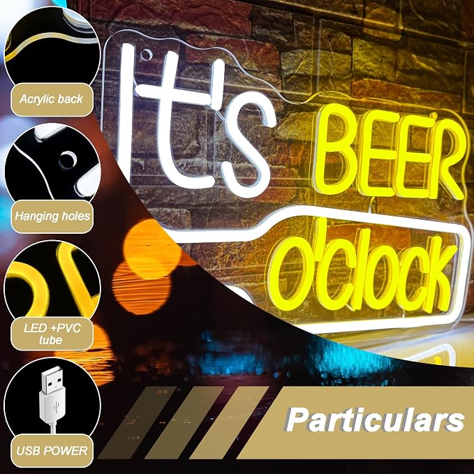 Mutank It'S Beer O'Clock Neon Sign, Beer Neon Light USB Powered LED Dimmable, for Bar Game Room Nightclub Restaurant Beer Sign Men'S Cave Garage Court Decor(15.7 * 9.8 In)
