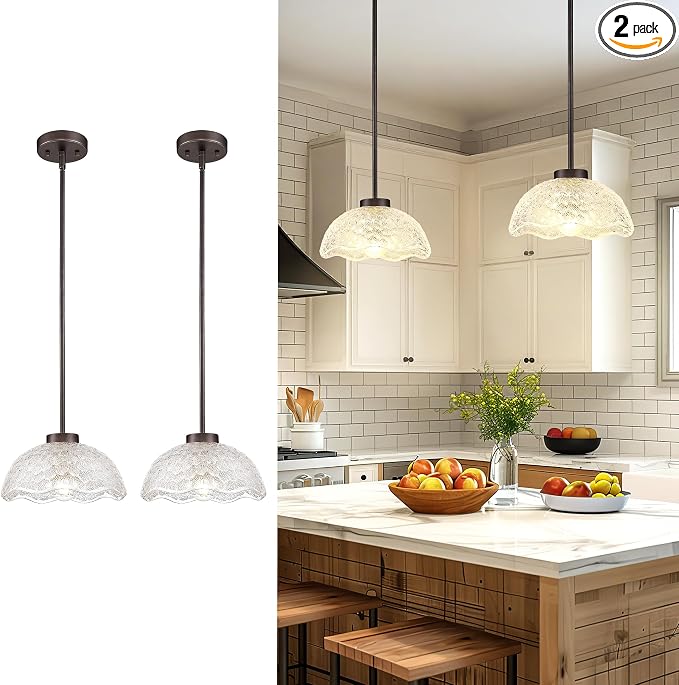 zeyu 2 Pack Pendant Lights, Kitchen Pendant Lighting Island, 10.4'' Glass Pendant Light Fixture with Clear Hammered Glass, Oil Rubbed Bronze Finish, ZJX116M1L-2PK ORB