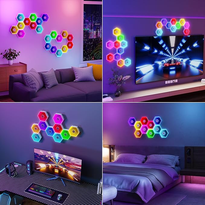10 Pack Hexagon Led Lights, 90mm Smart Hexagon, Smart App RGB Gaming Led Light, with Remote Control & Music Sync Honeycomb Shape Hexagon Wall Lights for Bedroom, Living Room Wall