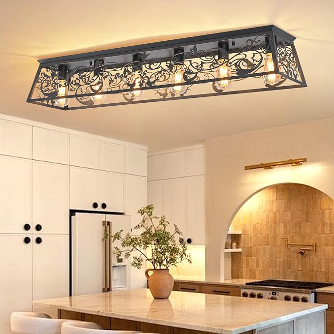 Garwarm 45 Inch Black Rectangular Chandelier, 6-Light Flush Mount Fixture | Farmhouse Kitchen Ceiling Light,Black Chandeliers for Dining Room,Kitchen Islands ,Living Rooms and Large Spaces