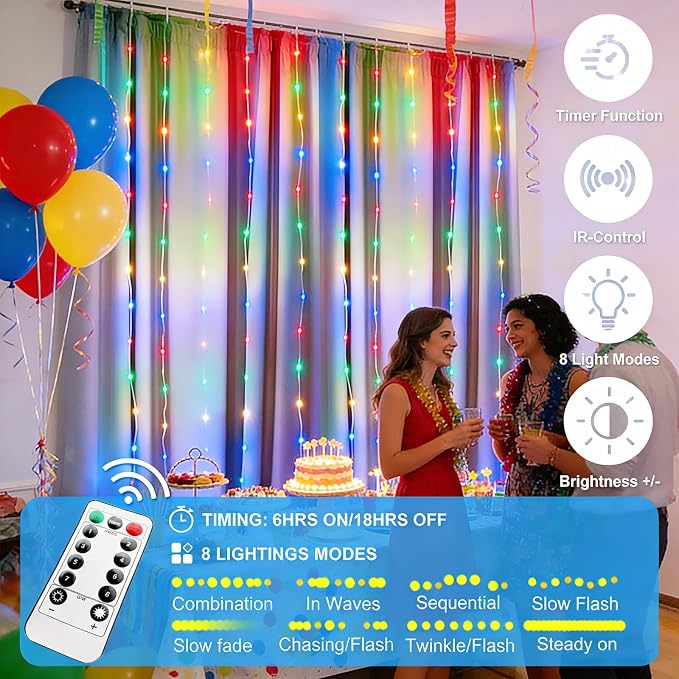 Fairy Curtain Lights Upgraded Tangle-Free Multicolor USB Plug in 8 Modes String Hanging Lights with Remote for Christmas, Bedroom, Indoor, Outdoor, Weddings, Party (6.6FTx6.6FT)
