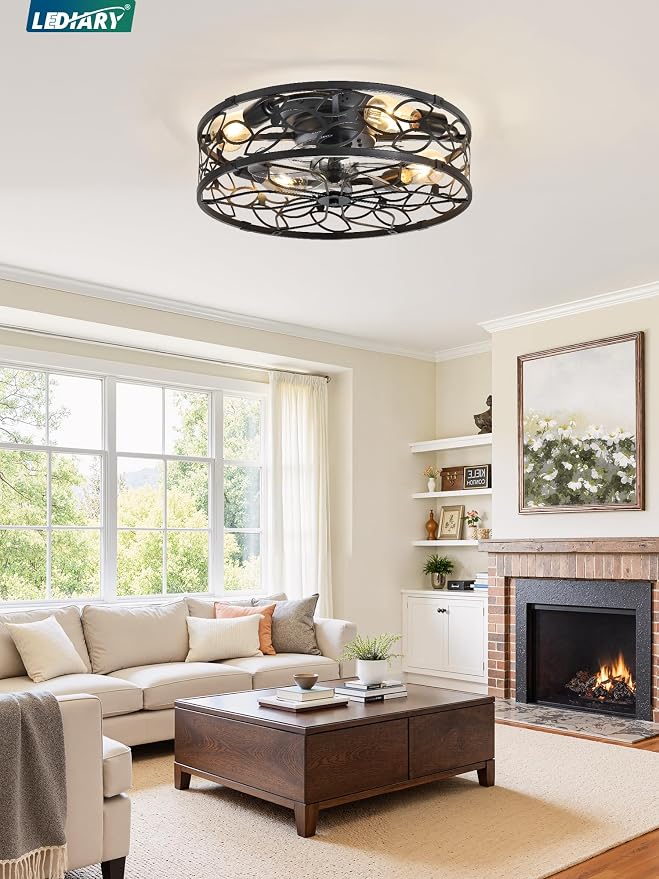 LEDIARY 20" Caged Ceiling Fan with Light, Flush Mount Fandalier with Remote | Low Profile, Farmhouse Small, Bladeless Industrial, Quiet DC Motor, App Control for Bedroom, Kitchen, Dining Room, Black