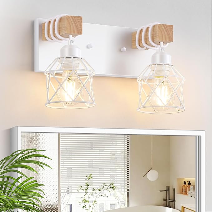 FadimiKoo 2-Light White Bathroom Light Fixtures, Wood Bathroom Vanity Lighting Fixtures Over Mirror, Rustic Sconces Wall Lighting with Elegant Metal Lampshade for Living Room, Bedroom, Hallway