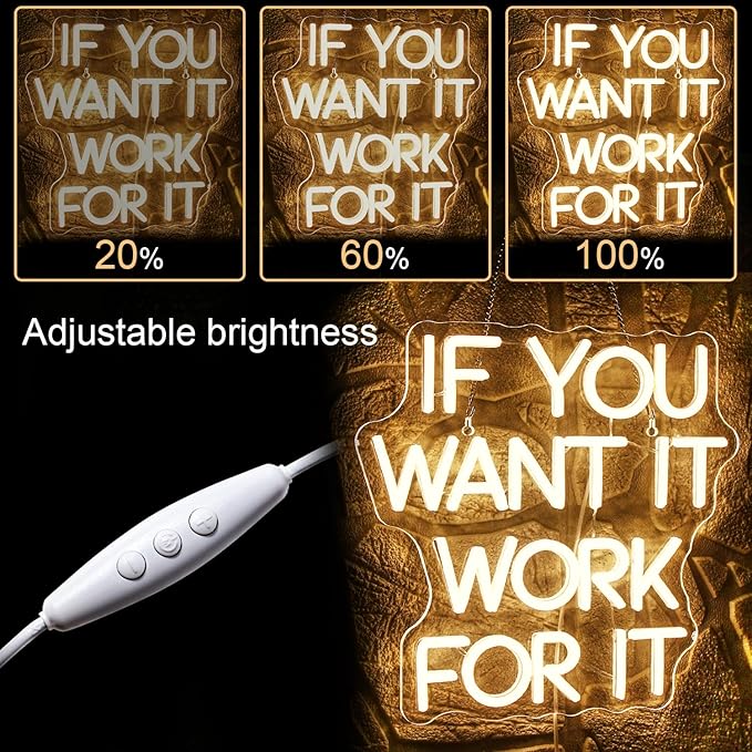 WLHOPE If You Want It Work For It Neon Sign Adjustable Brightness Led Sign,Neon Signs for Wall Decor,Connectivity Via USB Licked Neon Light for Bedroom Home Bar Club Hotel Party Decor