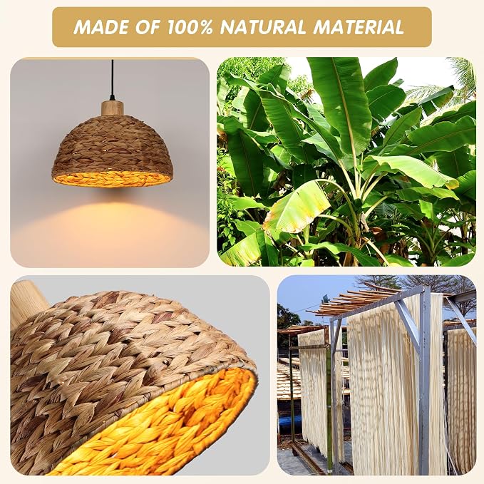 Boho Pendant Lights Kitchen Island, 11.8" Hand-Woven Rattan Light Fixture Bohemian Lighting Farmhouse Seagrass Weaving Hanging Ceiling Light Chandelier for Living Dining Room Restaurants