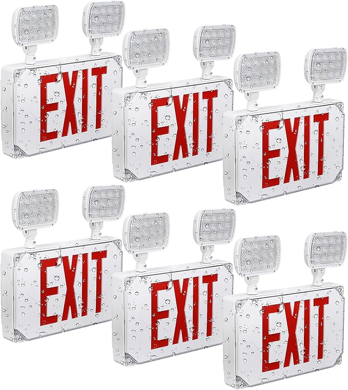 LEONLITE 6-Pack Wet Location LED Exit Sign with Emergency Lights White | UL Listed, AC 120/277V, Outdoor Hardwired Red Letter Exit Light with Battery Backup, 2 Dual Heads, Double Face