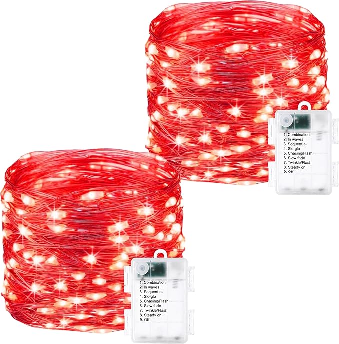 2 Pack Fairy Lights Battery Operated - 16.4ft 50 LED Red | Starry Fairy Lights , 8 Modes Waterproof with Timer for Indoor Outdoor Bedroom Party Holiday Christmas Decor, Copper Wire