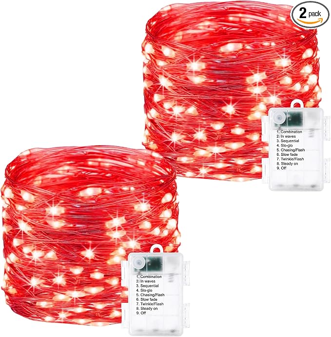 2 Pack Fairy Lights Battery Operated - 16.4ft 50 LED Red | Starry Fairy Lights , 8 Modes Waterproof with Timer for Indoor Outdoor Bedroom Party Holiday Christmas Decor, Copper Wire
